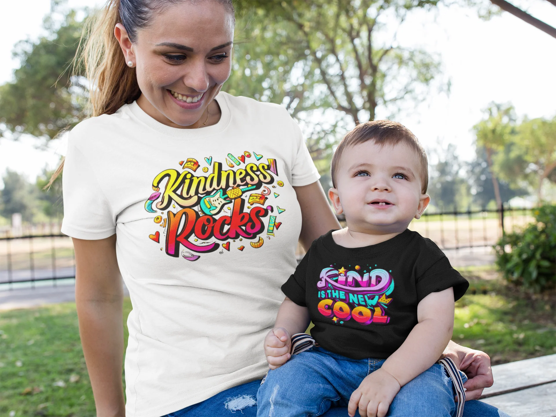Smiling mom and son wearing Karma Inc Apparel kindness-themed shirts in a sunny park